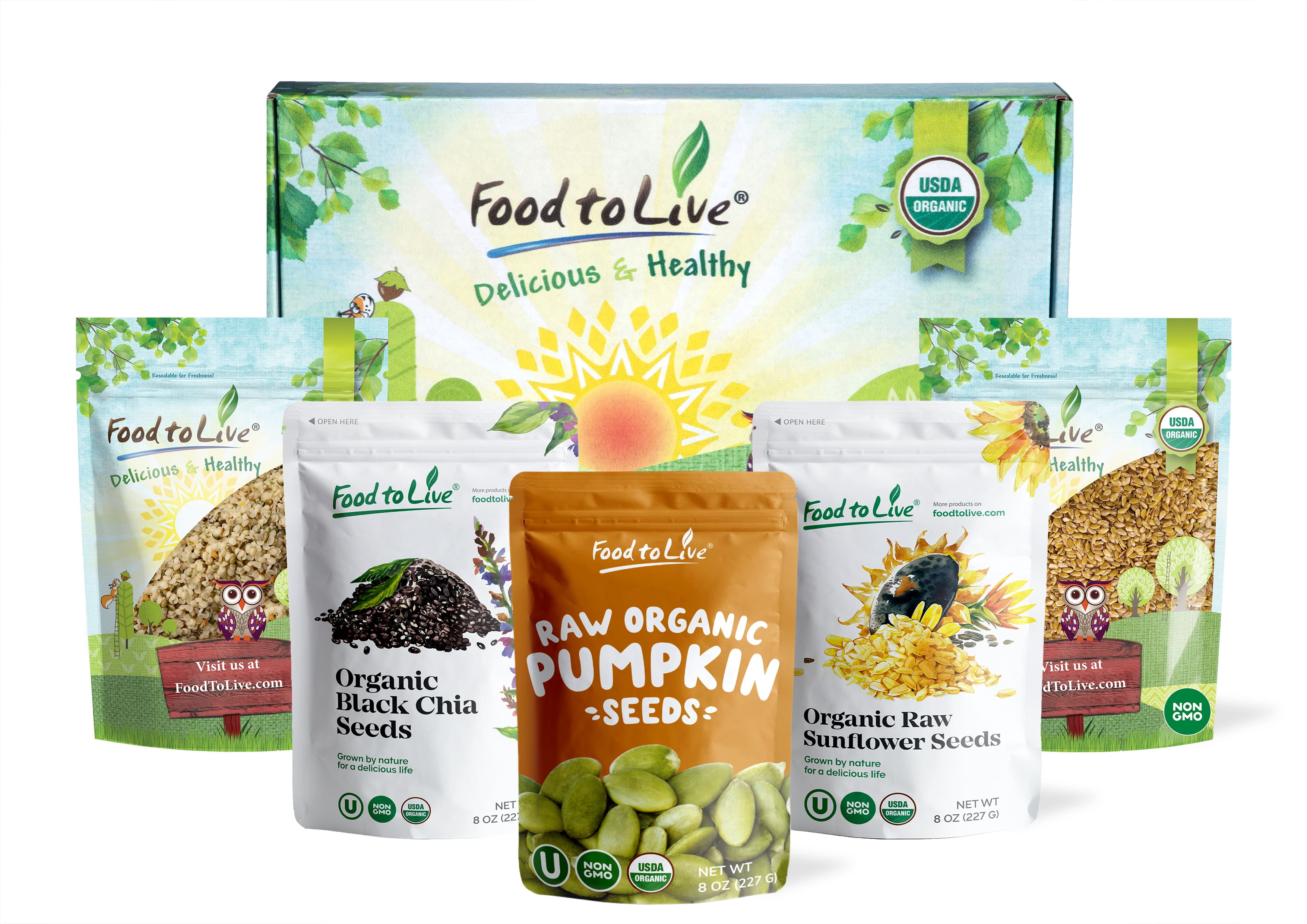 Organic Omega-3 Seeds in a Gift Box - A Variety Pack of Sunflower Seeds, Pumpkin Seeds, Chia Seeds, Golden Flax Seeds, and Hemp Seeds ? by Food to Live