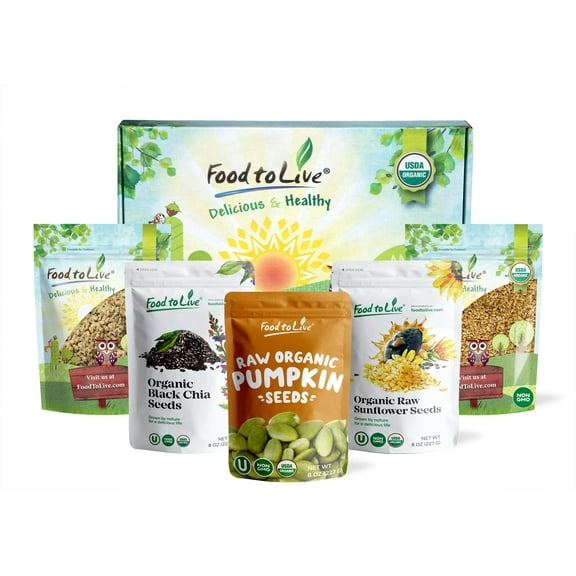 Organic Omega-3 Seeds in a Gift Box - A Variety Pack of Sunflower Seeds, Pumpkin Seeds, Chia Seeds, Golden Flax Seeds, and Hemp Seeds ? by Food to Live