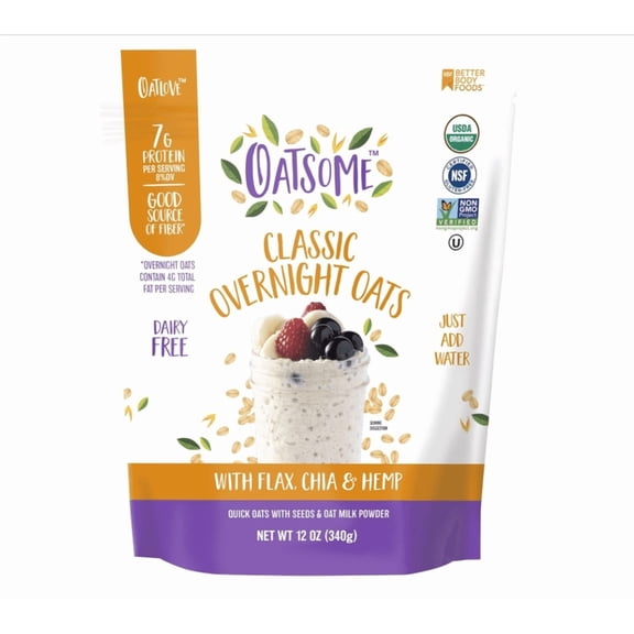 Organic Overnight Oats with Chia, Flax, & Hemp, Gluten-Free Oatmeal with 7g of Protein, 12oz Bag