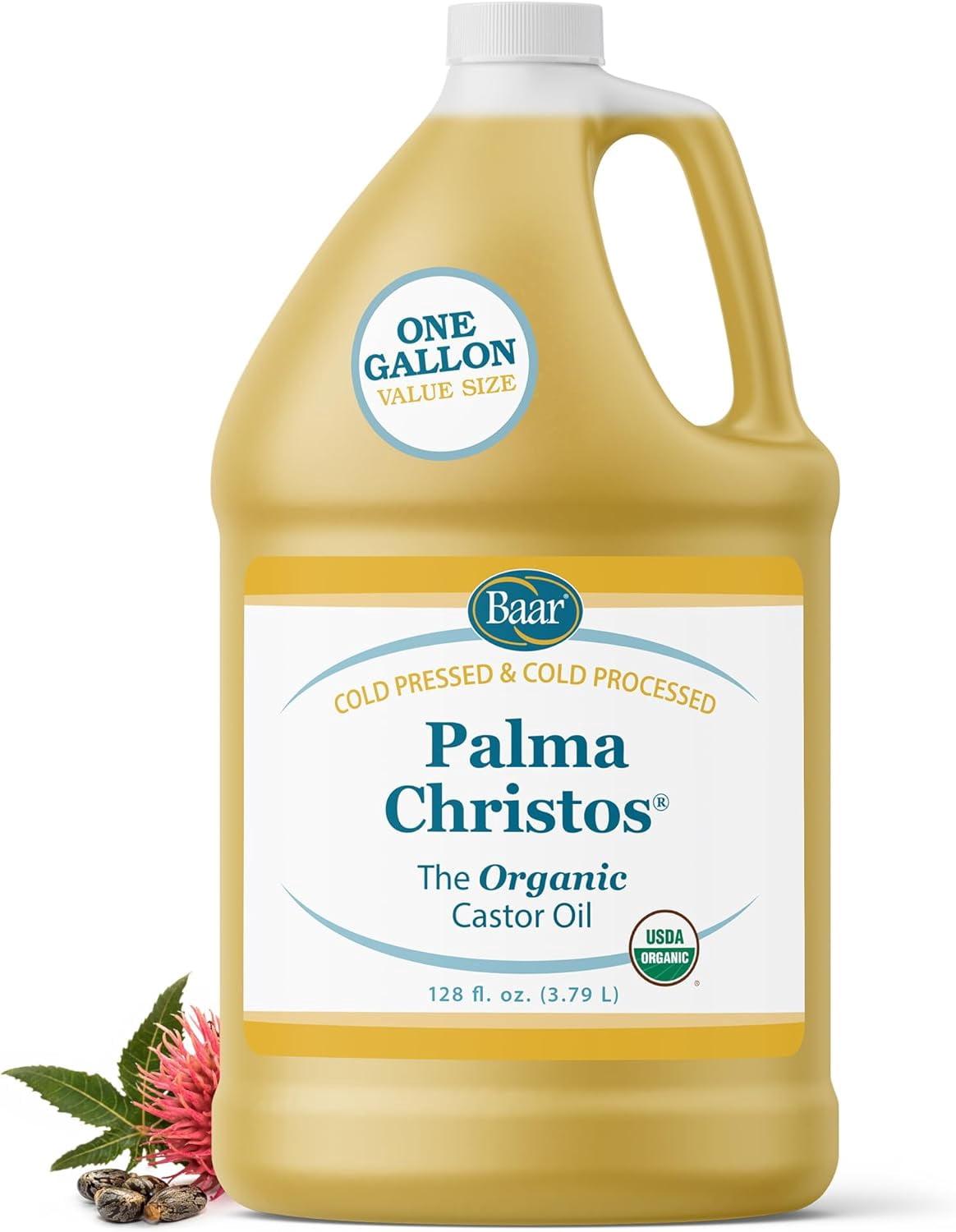 Organic Palma Christos Castor Oil - Gallon Castor Oil for Hair, Eyelashes, Eyebrows, Skin, Eliminations, and Many More! - Exclusive Palma Christos® Brand by Baar