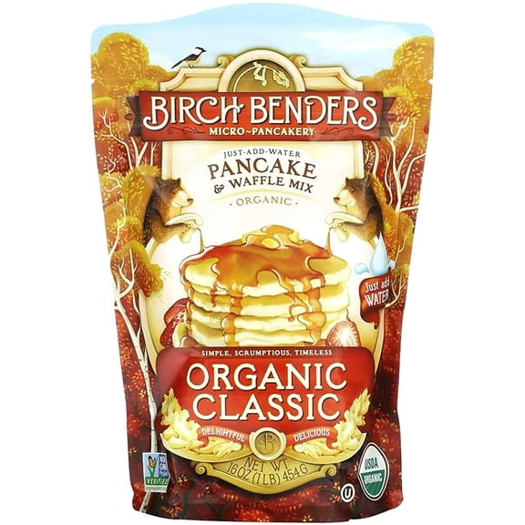 Organic Pancake and Waffle Mix, Classic Recipe by Birch Benders, Whole Grain, Non-GMO, Just Add Water, 16oz (Packaging may vary) ( Pack of 2 )