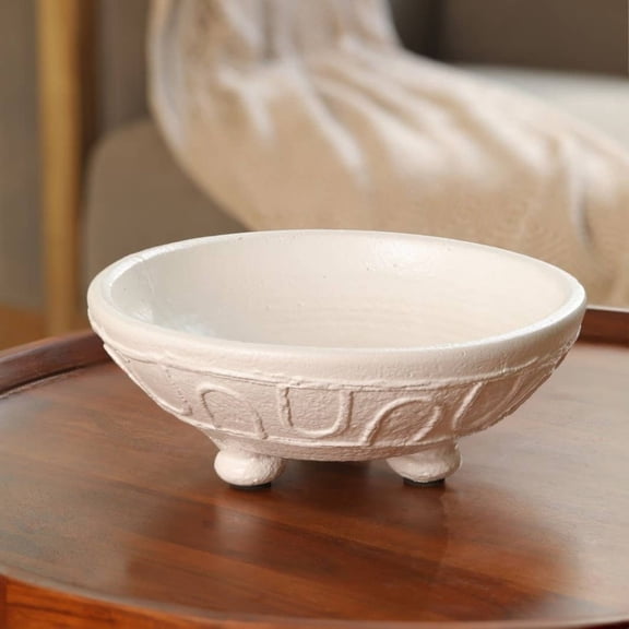 Organic Pattern Terracotta Decorative Bowl, 12" Rustic White Clay Centerpiece with Feet
