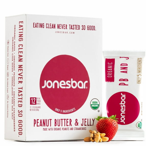 Organic Peanut Butter & Jelly Fruit & Nut Bar, Jonesbar, Certified Organic & Kosher, Gluten Free, Vegan, 12 Count (Pack of 1)