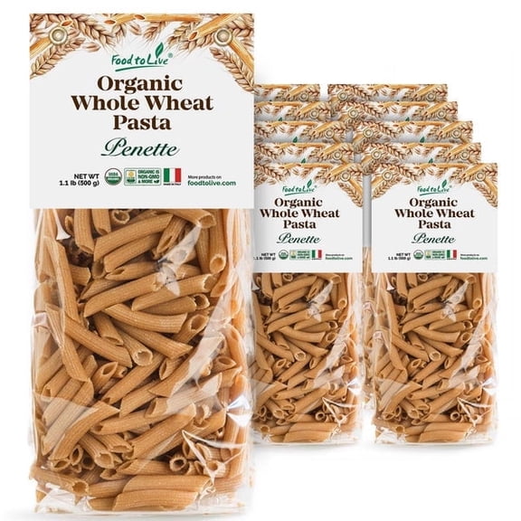 Organic Pennette Whole Wheat Pasta 1.1 lb (Pack of 12)  Made in Italy. Pasta Integrale Bio. High Fiber, Non-GMO, Vegan, Bulk - by Food to Live