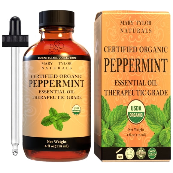 Organic Peppermint Essential Oil 4 oz, USDA Certified Organic, by Mary Tylor Naturals, Premium Therapeutic Grade, 100% Pure, Perfect for Aromatherapy, Relaxation, Improved Mood, Repel Mice, Pests
