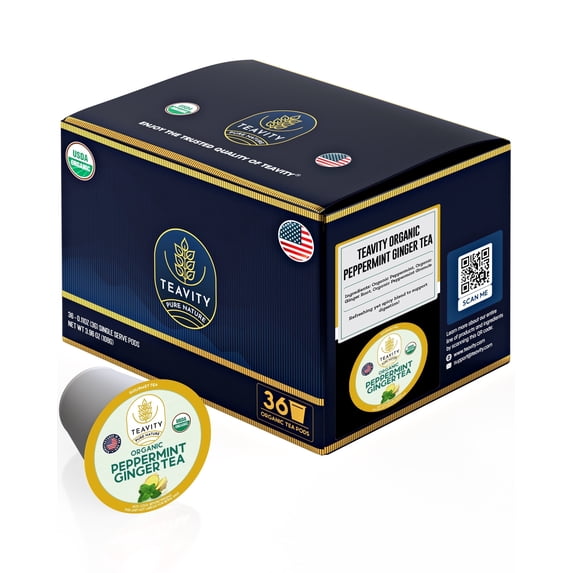Organic Peppermint Ginger Tea Pod for Keurig Brewers by Teavity - Naturally Caffeinated, 36 Tea Pods