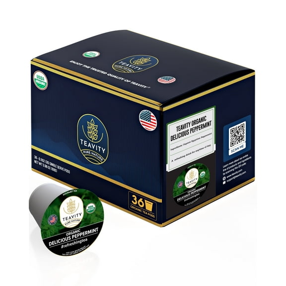 Organic Peppermint Tea Pods for Keurig Brewers by Teavity - Naturally Decaffeinated, 36 Tea Pods