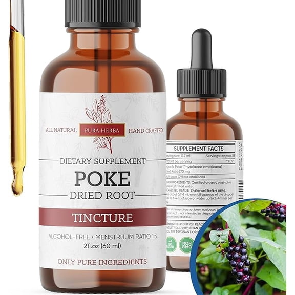 Pura Herba Organic Poke Root Tincture | Poke Root Extract Liquid | Herbal Supplement for Immune Support & Lymphatic Health | Vegan | Alcohol-Free | Non-GMO | Made in USA | 2 Fl Oz
