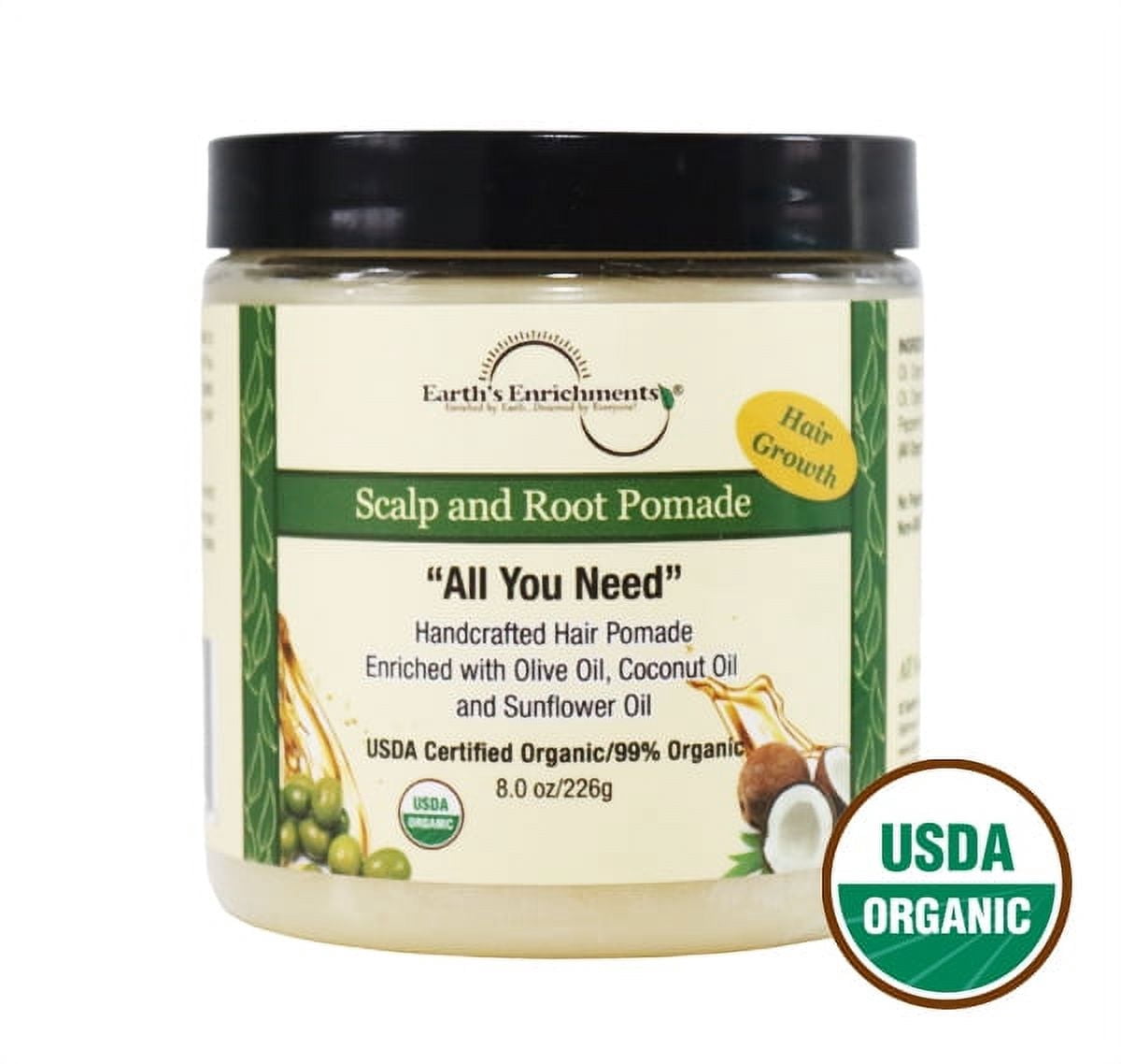 Organic Pomade - Hair Food for Growth, Healthy Scalp, Natural Hair Grease with no chemicals. Earth's Enrichments, 8oz