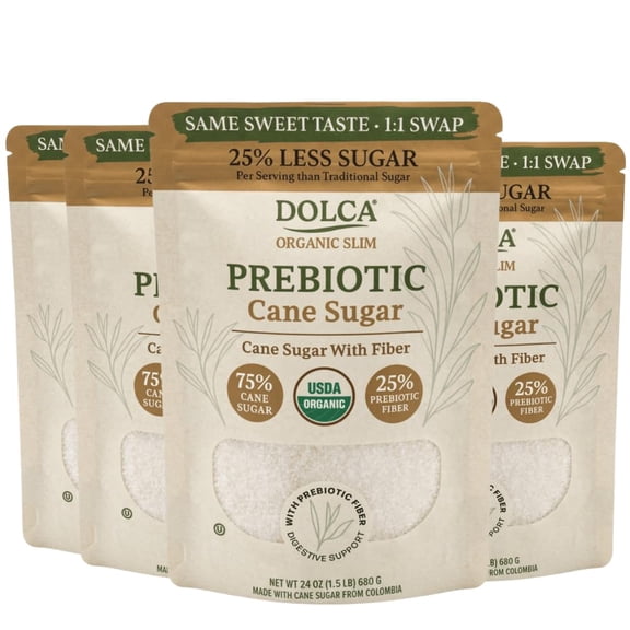Organic Prebiotic Cane Sugar Dolca Slim with Inulin Fiber 25% Less Sugar, Same Taste and Texture Sweetness for Coffee, Tea & Baking Bakes, Browns & Measures 1:1 No Artificial Sweeteners