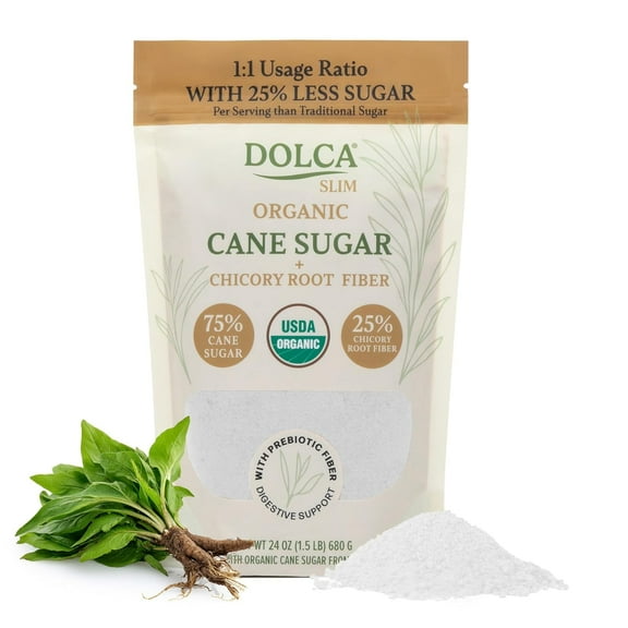 Organic Prebiotic Cane Sugar Dolca Slim with Inulin Fiber 25% Less Sugar, Same Taste and Texture Sweetness for Coffee, Tea & Baking Bakes, Browns & Measures 1:1 No Artificial Sweeteners
