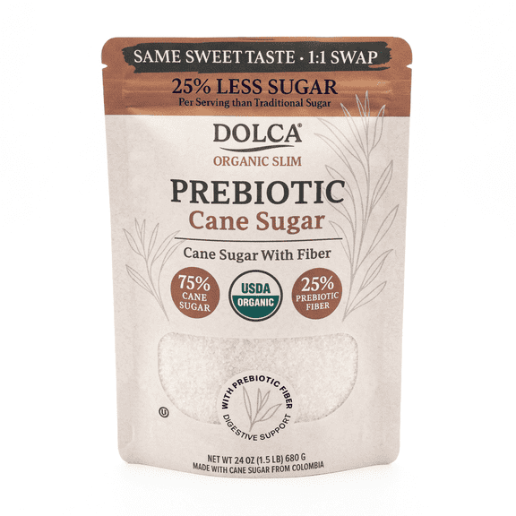 Organic Prebiotic Cane Sugar Dolca Slim with Inulin Fiber 25% Less Sugar, Same Taste and Texture Sweetness for Coffee, Tea & Baking Bakes, Browns & Measures 1:1 No Artificial Sweeteners