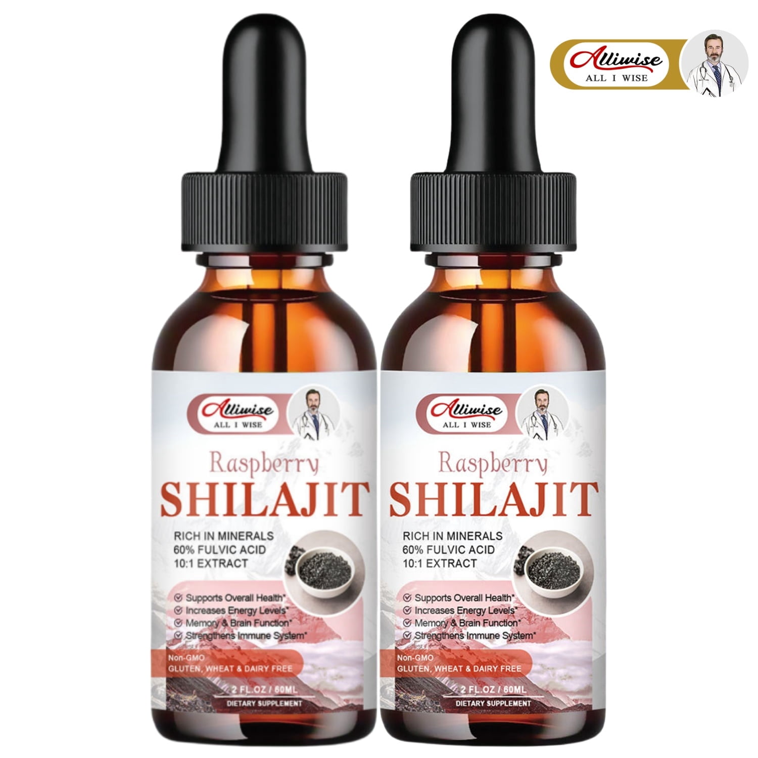 Organic Pure Himalayan Shilajit Resin Liquid Drops for Men & Women, Golden Shilajit Supplement with Fulvic Acid Complex for Energy & Immune Support - Raspberry(2 Pack)