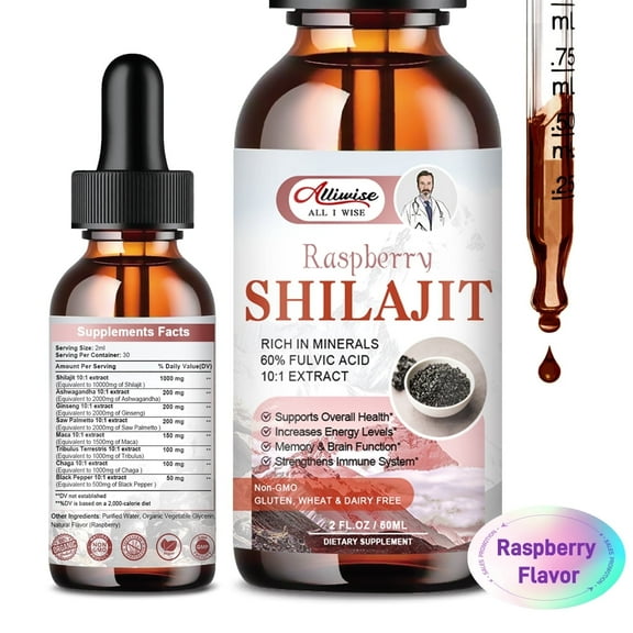 Organic Pure Himalayan Shilajit Resin Liquid Drops for Men & Women, Golden Shilajit Supplement with Fulvic Acid Complex for Energy & Immune Support - Raspberry