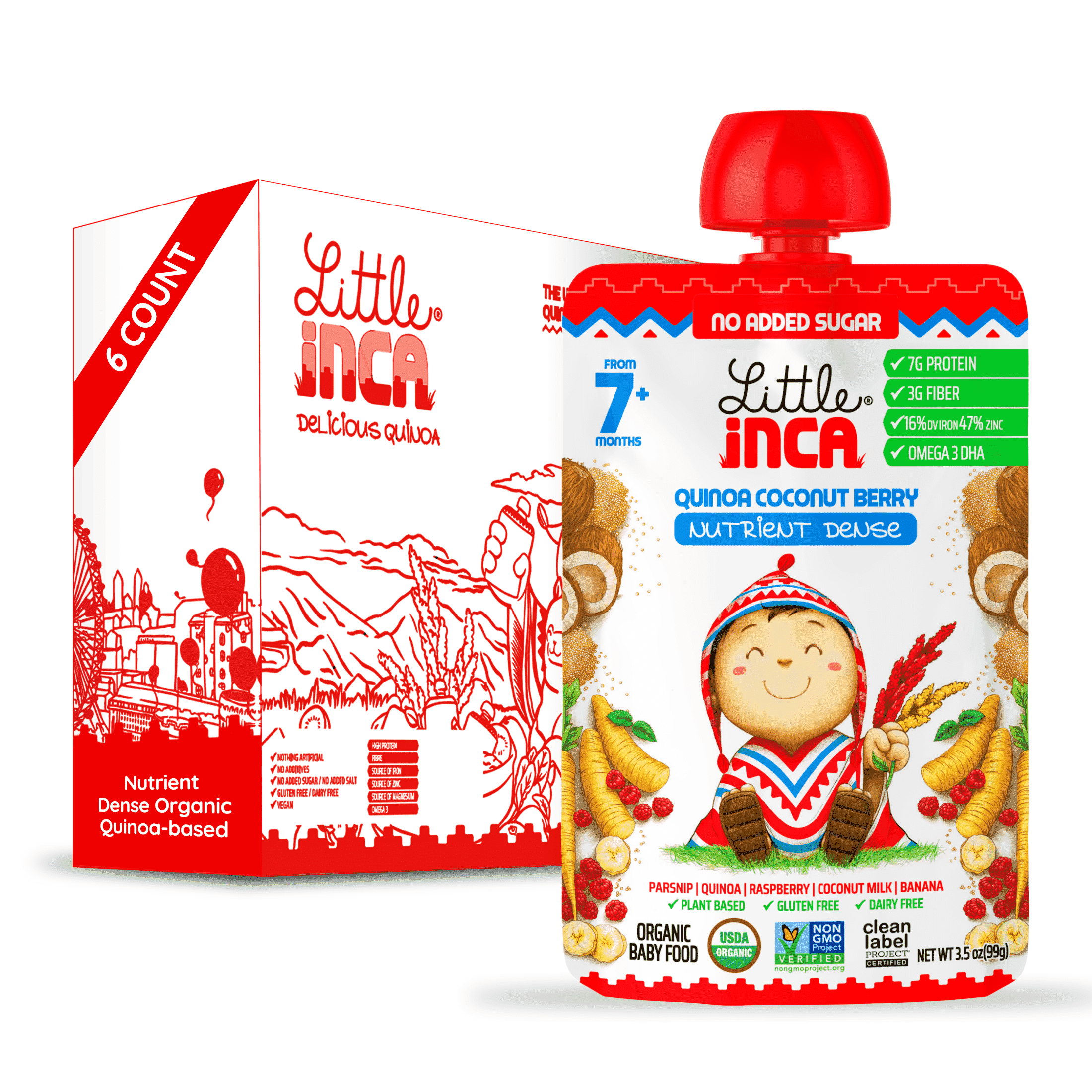Little Inca Stage 2 Baby Food Pouches, Quinoa Coconut Berry Baby Puree, Plant Based High Protein, Dairy-Free, 6 x 3.5oz