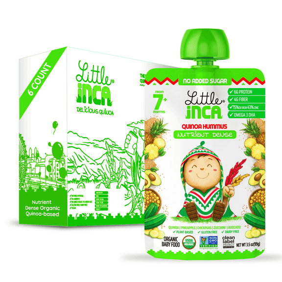 Little Inca Stage 2 Baby Food Pouches, Quinoa Hummus Baby Puree, Plant Based High Protein, Dairy-Free, 6 x 3.5oz