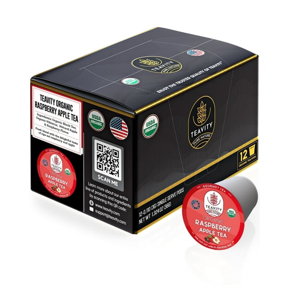 Organic Raspberry Apple Tea Pods for Keurig Brewers by Teavity - Naturally Caffeinated, 12 Tea Pods