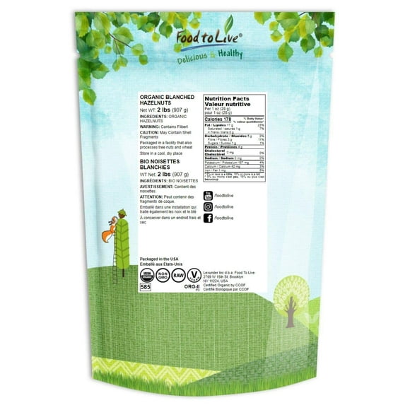 Organic Raw Blanched SCH4Hazelnuts, 2 Pounds - Non-GMO Filberts, No Skin, Unsalted, Unroasted, Vegan, Bulk Nuts. Good Source of Protein. Great for Desserts and Making Nut Butter