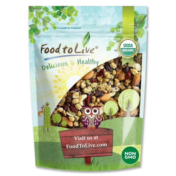 Organic Raw Munchies Snack Mix, 2 Pounds — Raw and Non-GMO Snack Mix Contains Cacao Nibs, Raisins, Almonds, Cashews, Walnuts, Goji Berries, Mulberries, Pumpkin Seeds. Vegan Superfood, Kosher, Bulk