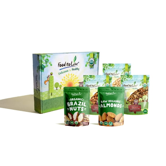 Organic Raw Nuts in a Gift Box - A Variety Pack of Almonds, Cashews, Brazil Nuts, Hazelnuts, and Walnuts – by Food to Live