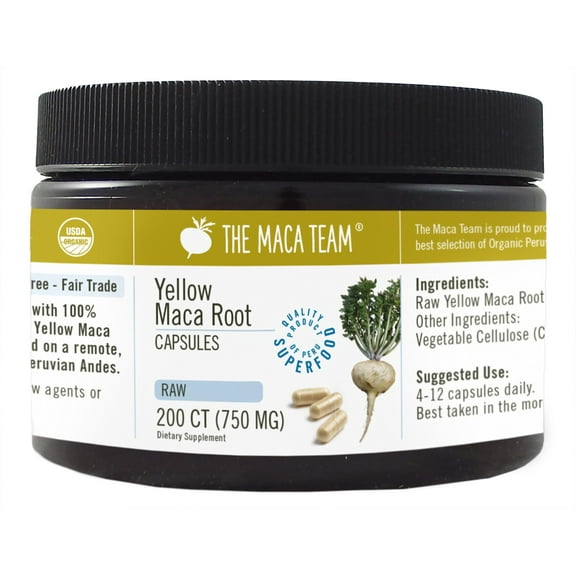 Organic Raw Yellow Maca Capsules - Vegan, 750mg, 200 ct.