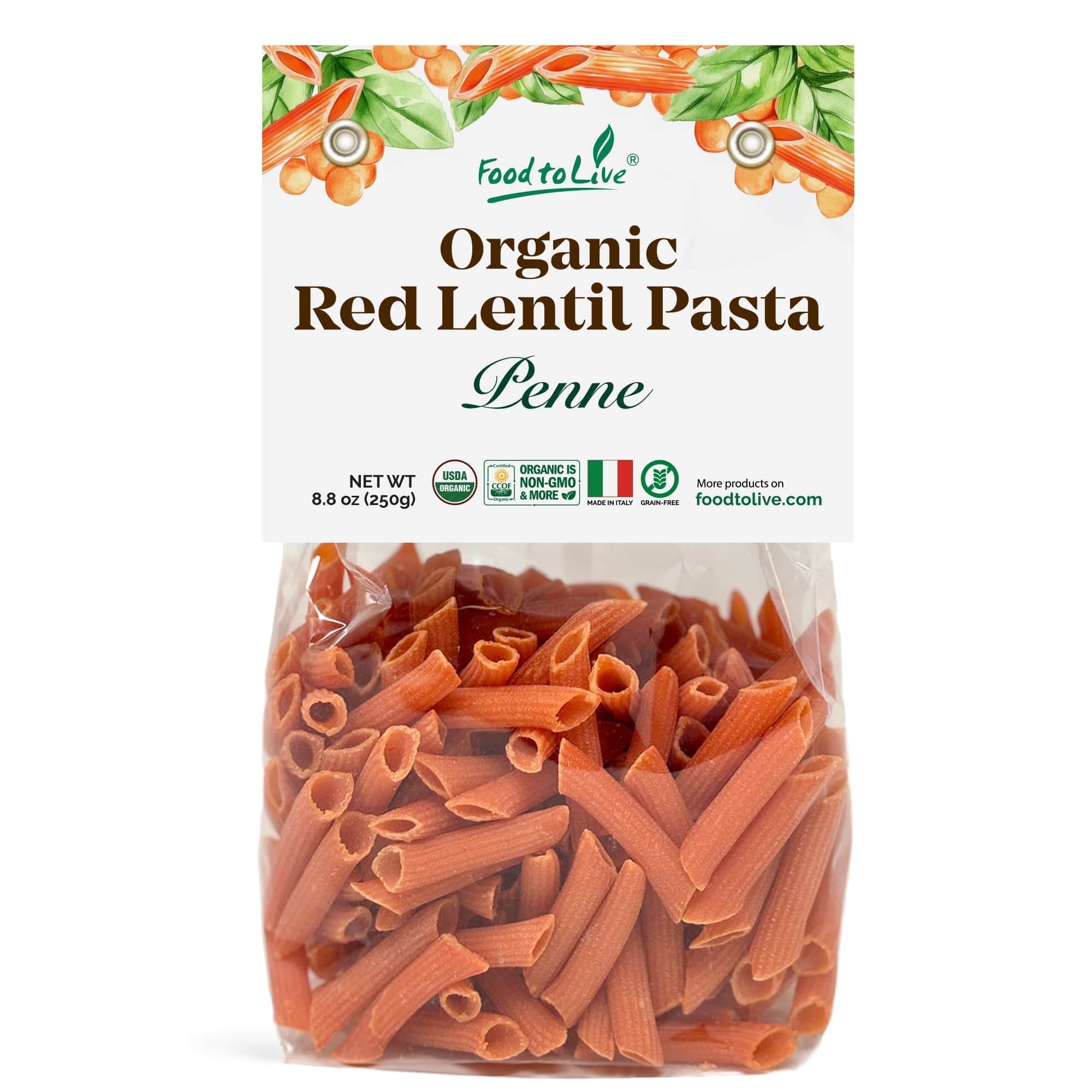 Organic Red Lentil Penne Pasta, 8.8 OZ (Pack of 1)  Non-GMO, Single Ingredient. No Additives. No Major Allergens. Kosher. Vegan. Made in Italy.