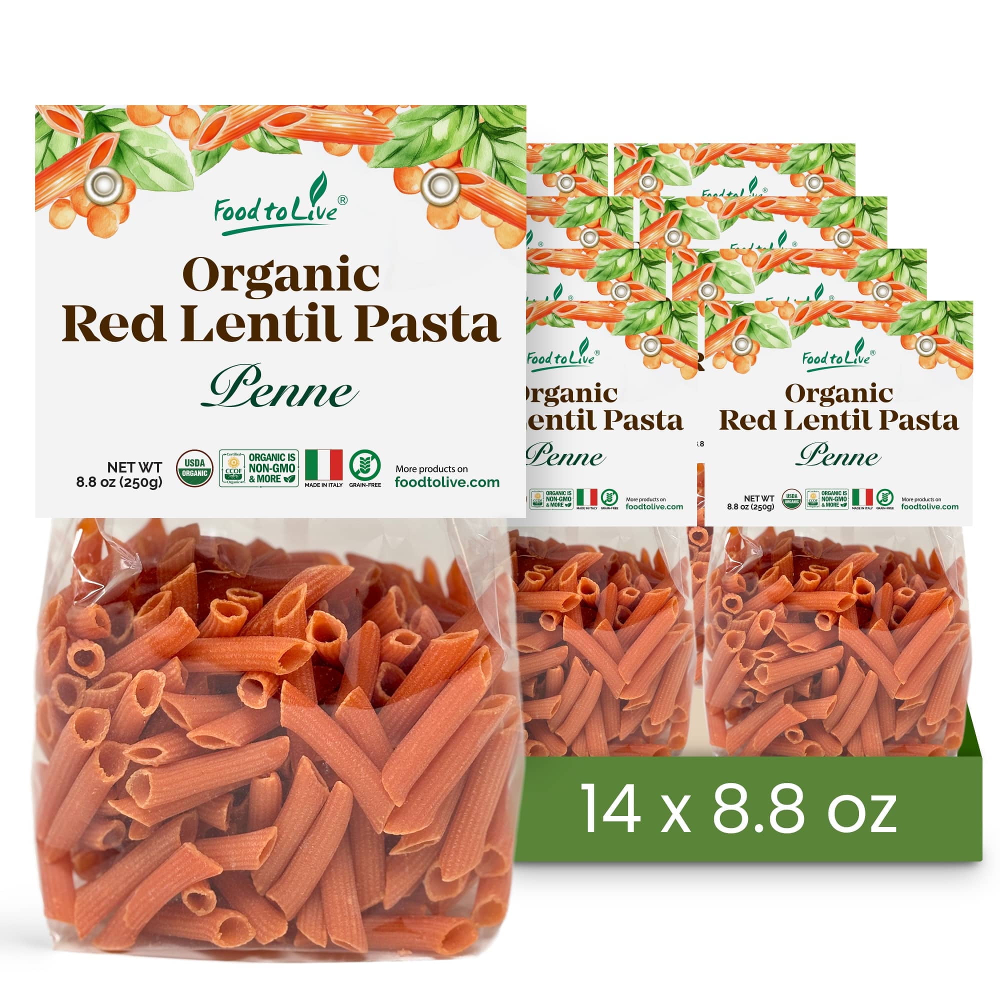 Organic Red Lentil Penne Pasta, 8.8 OZ (Pack of 14)  Non-GMO, Single Ingredient. No Additives. No Major Allergens. Kosher. Vegan. Made in Italy.