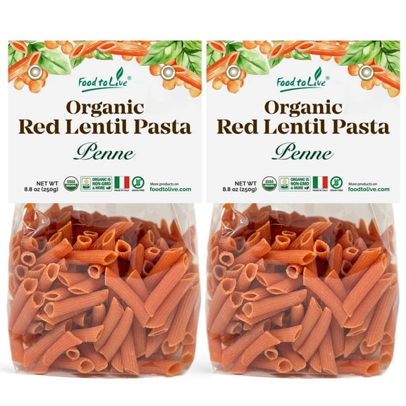 Organic Red Lentil Penne Pasta, 8.8 OZ (Pack of 2) Non-GMO, Single Ingredient. No Additives. No Major Allergens. Vegan. Made in Italy.