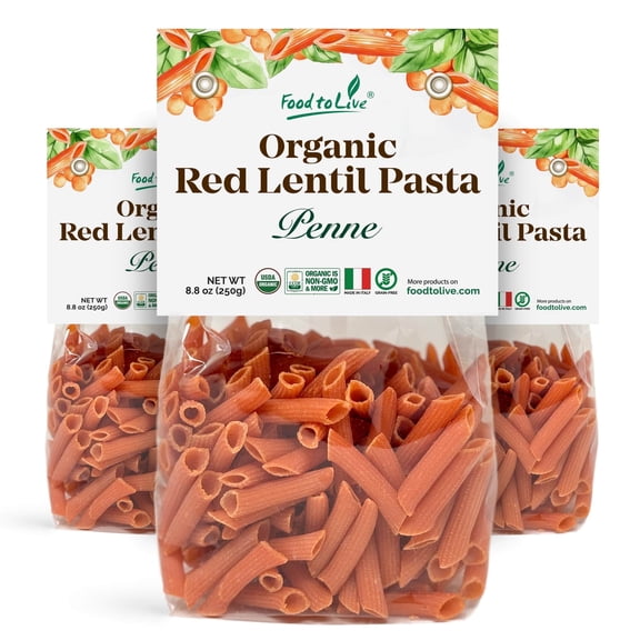 Organic Red Lentil Penne Pasta, 8.8 OZ (Pack of 3)  Non-GMO, Single Ingredient. No Additives. No Major Allergens. Vegan. Made in Italy.