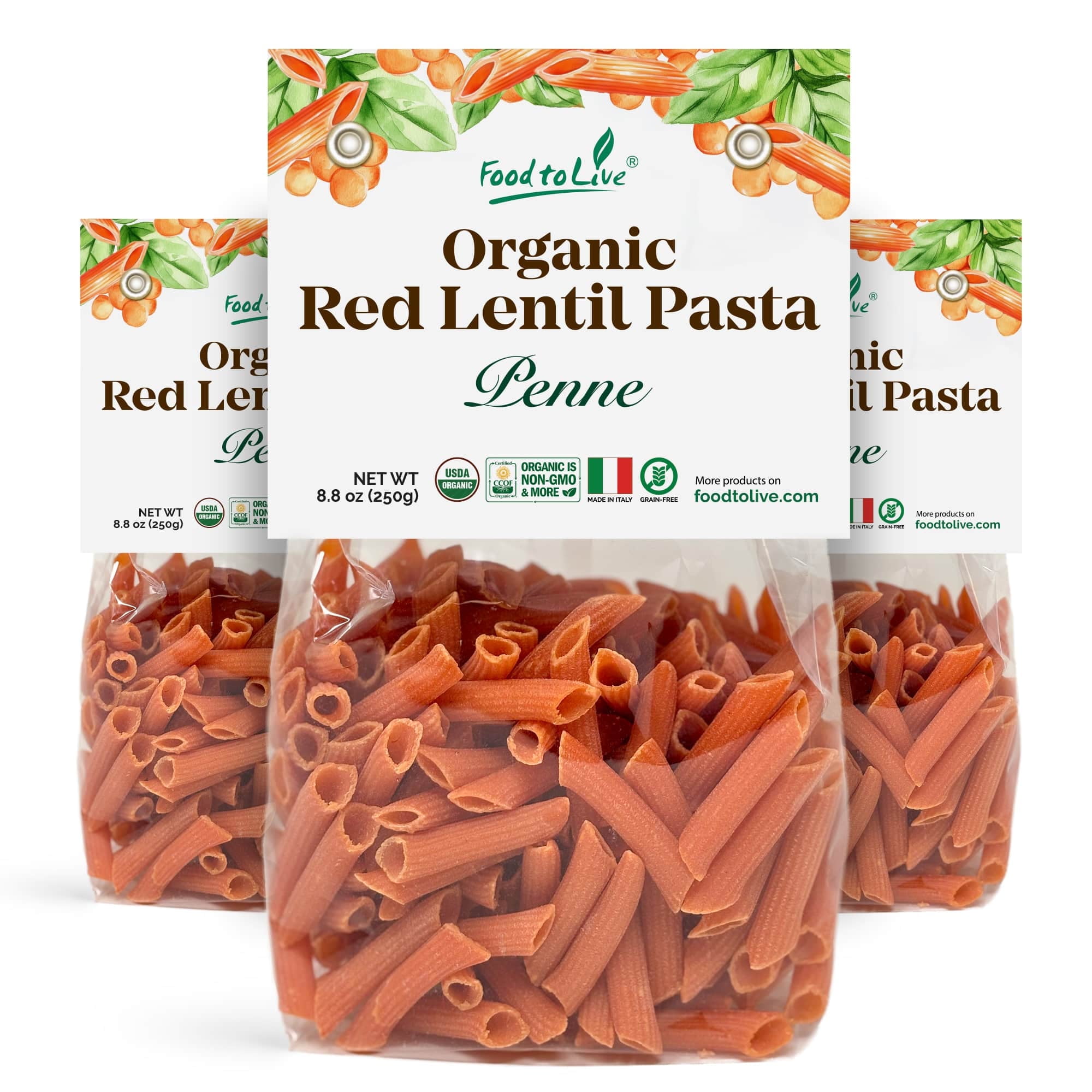 Organic Red Lentil Penne Pasta, 8.8 OZ (Pack of 3)  Non-GMO, Single Ingredient. No Additives. No Major Allergens. Kosher. Vegan. Made in Italy.
