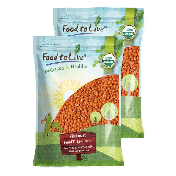 Organic Red Lentils (Football),20 Pounds Whole, Decorticated, Non-GMO,Kosher, Bulk by Food to Live