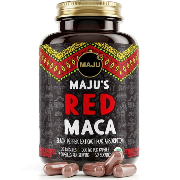 MAJU's Organic Red Maca Root Capsules, 120ct, 1000mg per Serving, Rare Peruvian Maca Powder for Women's Health