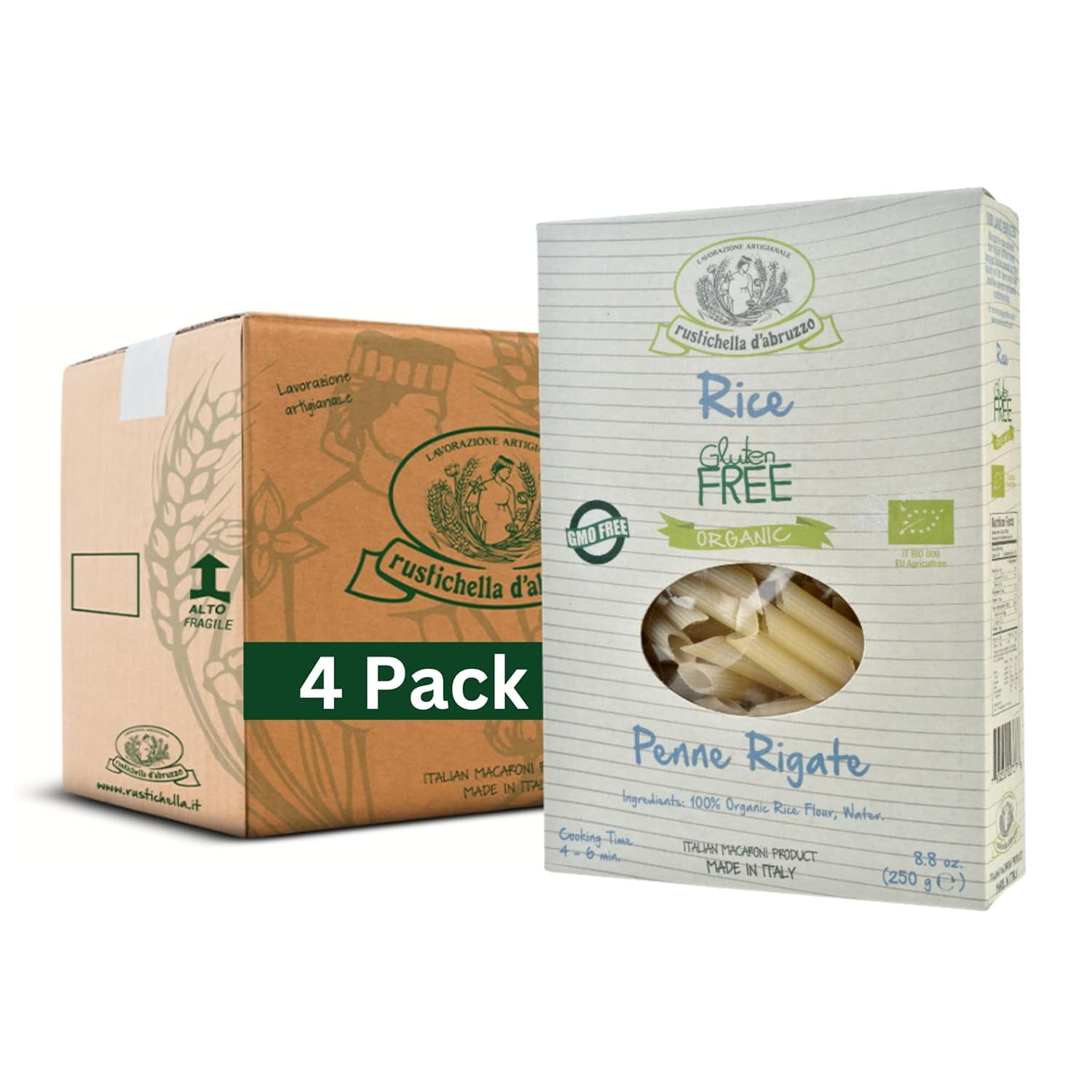Organic Rice Penne Rigate (Pack of 4), 250g Each Gluten Italian