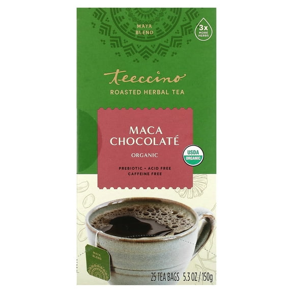 Organic Roasted Herbal Tea, Maca Chocolate, Caffeine Free, 25 Tea Bags, 5.3 oz (150 g), Teeccino