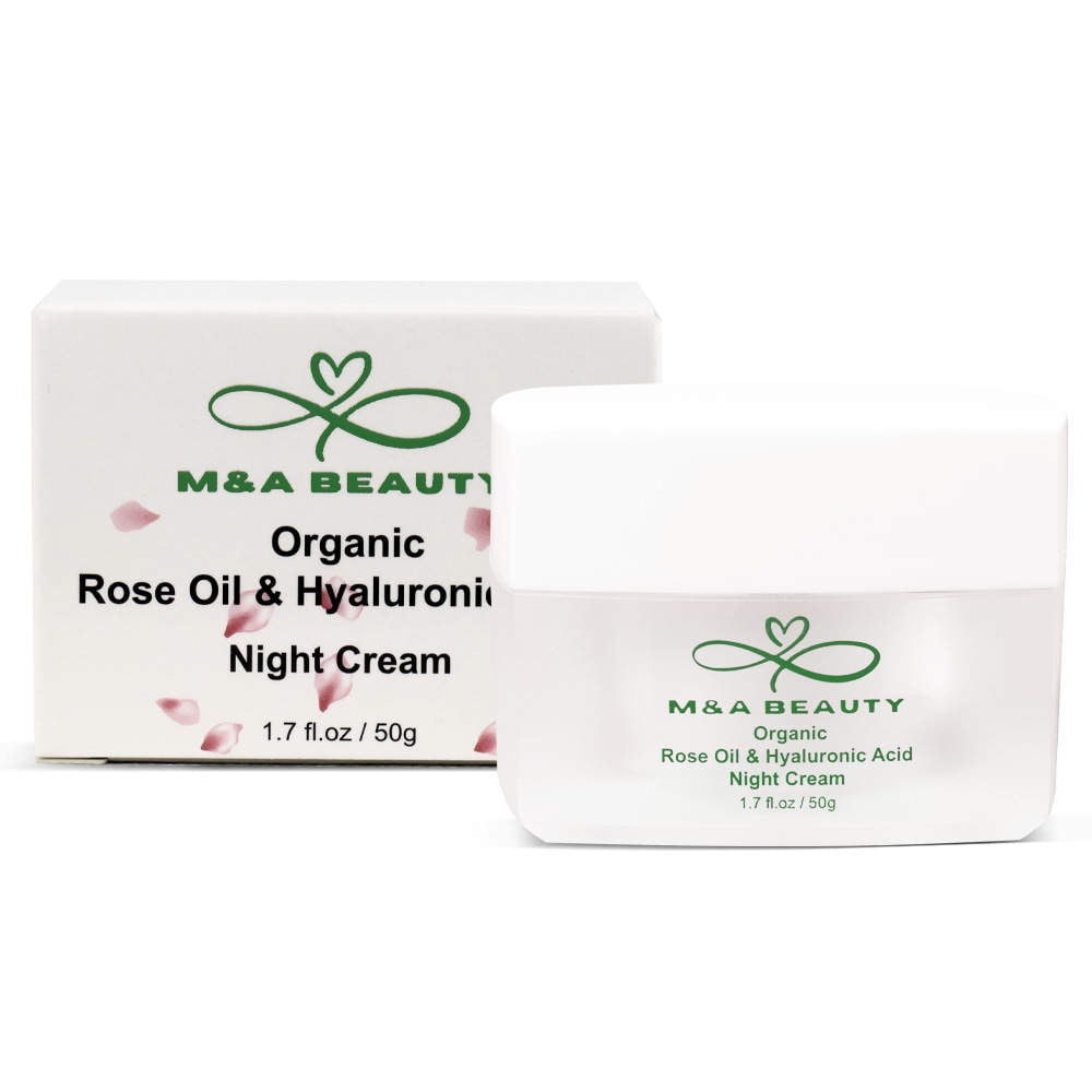 M&A Beauty Natural Anti Aging Organic Rose Oil Night Cream for Face - Hydration and Nourishment, 1.7 OZ