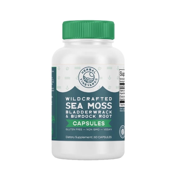 Herbal Vineyards Organic Sea Moss Bladderwrack Burdock Root Vegetable Capsules 1500 MG 60 Count