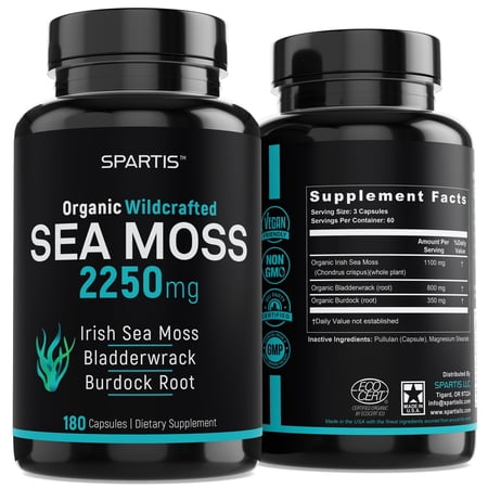 Organic Sea Moss Capsules 2250mg Wildcrafted Irish Sea Moss Burdock Root Bladderwrack Supplement Super Food Immune Support Prebiotic Thyroid Gut Skin & Joint Health Raw SeaMoss Pills & Powder 180ct