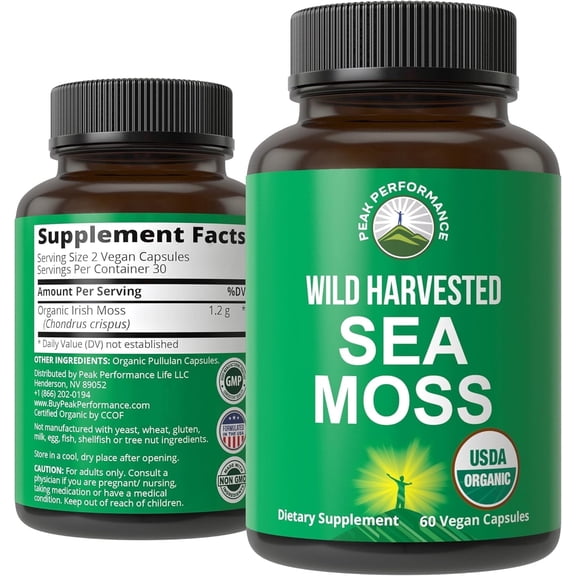 Organic Sea Moss Capsules. Wild Harvested Sea Moss Raw Organic Vegan Supplement from Red Algae Seaweed. 100% Whole Extract Raw Irish SeaMoss Superfood Pills. for Gut, Respiratory, Immune Support.