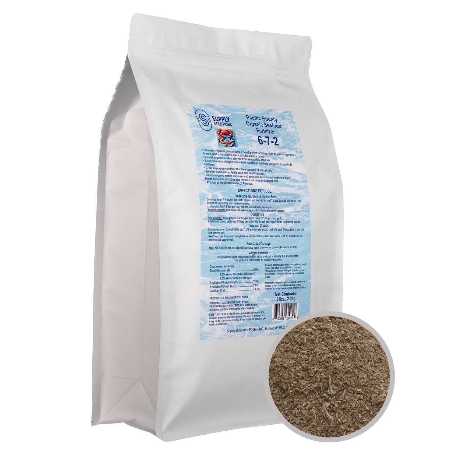 Organic Seafood Fertilizer 6-7-2 | 14.5% Calcium | All-Natural Fish & Shellfish-Based Garden Fertilizer | Boosts Growth, Improves Soil, and Prevents Blossom End Rot (5lbs)