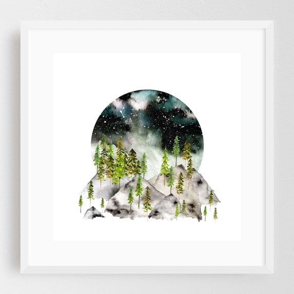 Organic Seclusion - Painting Watercolor Forest Mountain Nature Night Sky Aurora Scenic White Framed Wall Art Print 10 x 10 inches