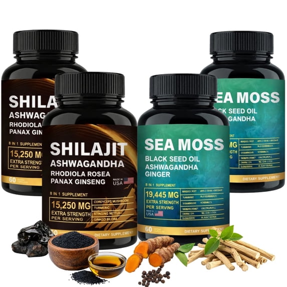 Organic Shilajit & Irish Sea Moss Capsules Combo with Black Seed Oil, Ashwagandha, Rhodiola, Panax Ginseng - 2 Combo Pack