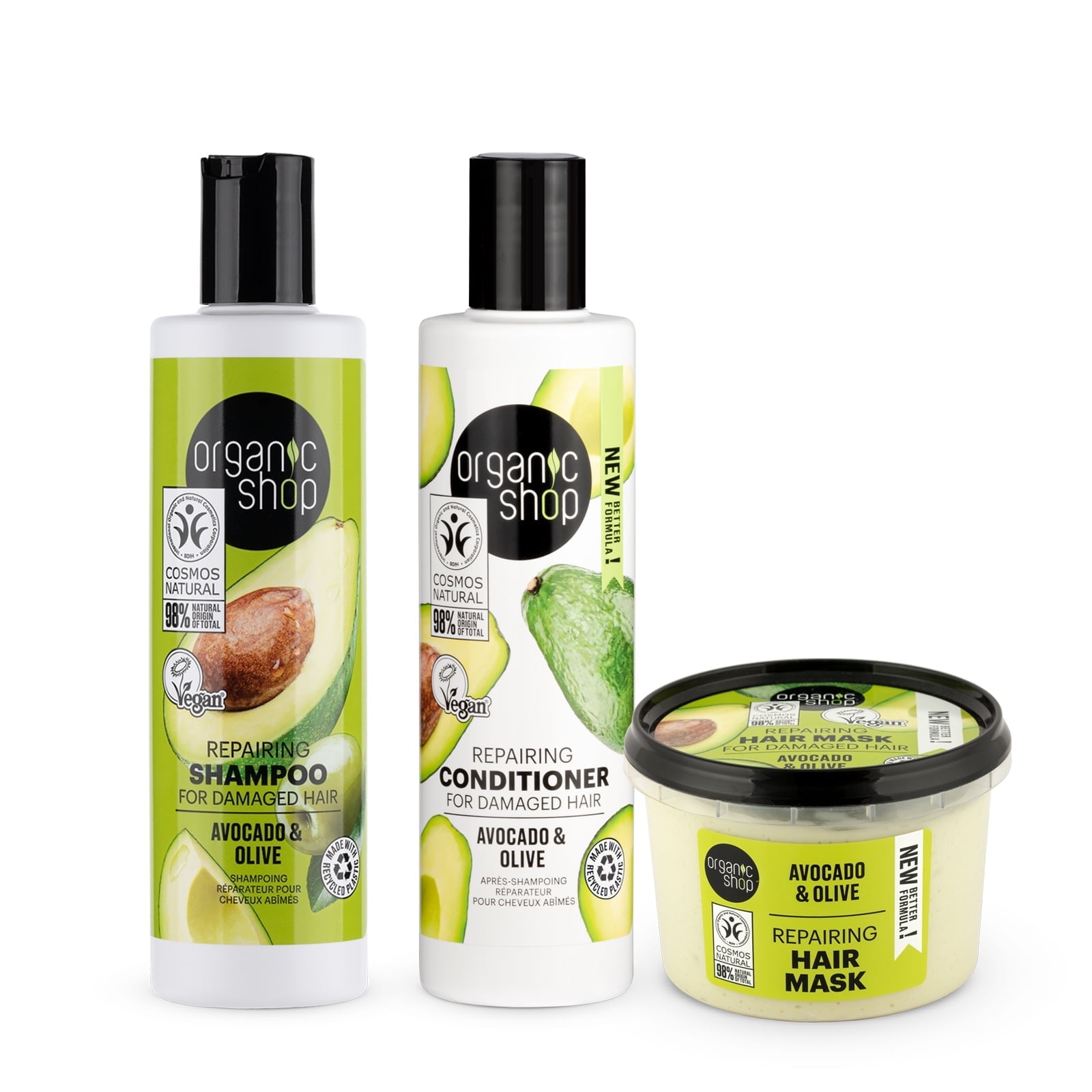 Organic Shop Avocado & Olive – Shampoo + Conditioner + Deep Repairing Hair Mask – Daily Intense Repairing Treatment Set, 100% Vegan & Organic, Rich In Vitamins, Silky Hydration & Nourishing