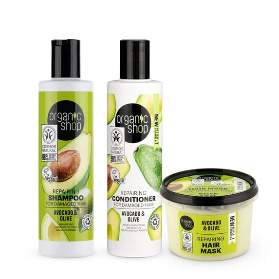 Organic Shop Avocado & Olive – Shampoo + Conditioner + Deep Repairing Hair Mask – Daily Intense Repairing Treatment Set, 100% Vegan & Organic, Rich In Vitamins, Silky Hydration & Nourishing