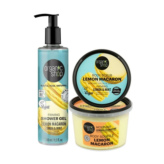 Organic Shop Lemon French Macaron Sense Boosting Body Scrub +Body Mousse & Shower Gel, 100% Vegan & Organic, Daily Moisturizer & Deep Nourishing Body Cream, Hydrating Natural Lotion & Skin Toning.
