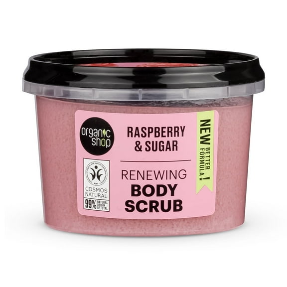 Organic Shop Raspberry & Sugar, Renewing & Exfoliating Body Scrub, 100% Vegan & Organic, Daily Exfoliant, Detox & Moisturizer, Body, Face, Hand & Foot, Intensive Care & Skin Toning. 250ml.