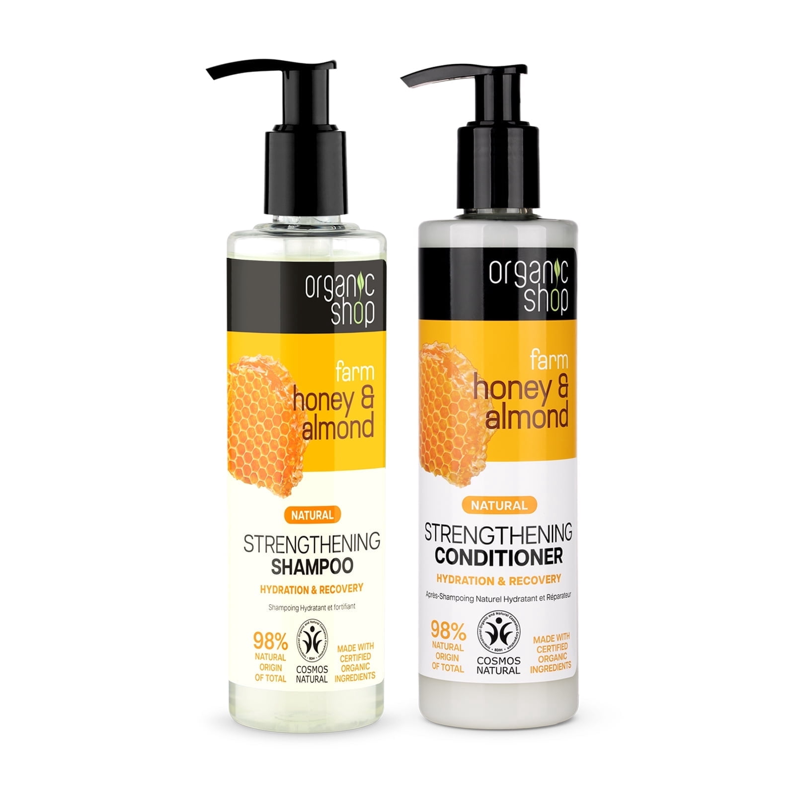 Organic Shop Raw Honey & Almond – High Strengthening Shampoo + Conditioner Deep Repairing - 100% Vegan & Organic, Rich In Vitamins & Minerals, Silky Hydration & Nourishing. 9.5 Fl Oz