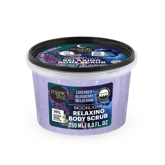 Organic Shop Relaxing Body Scrub with Organic Lavender, Organic Blueberry & Melatonin, COSMOS Natural, Vegan Exfoliating Body Scrub, 98% Natural Origin, Paraben Free, Made in Europe, 250ml