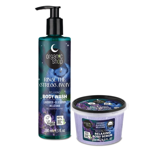 Organic Shop Relaxing Body Wash & Body Scrub Set, Lavender & Blueberry, Exfoliating Vegan Body Care, COSMOS Natural, 98% Natural Origin, Gentle Moisturizing Shower, Made in Europe