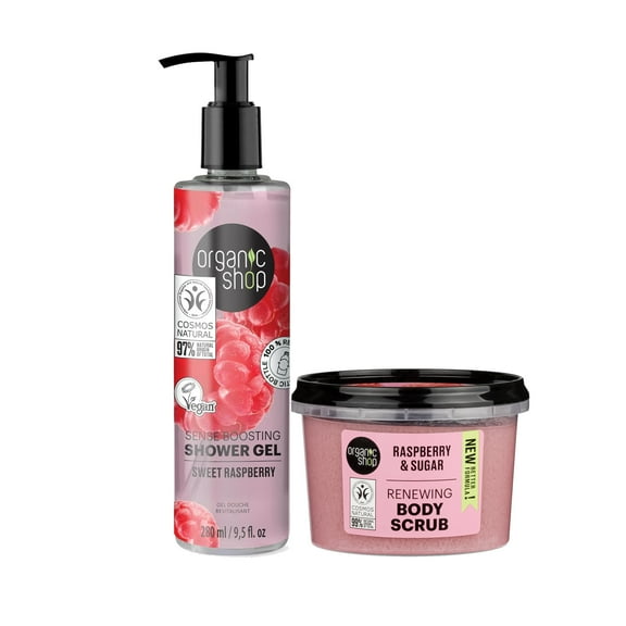 Organic Shop Wild Raspberry & Raw Sugar, Hydration & Exfoliating Body Scrub + Sense Boosting Shower Gel, 100% Vegan & Organic, Daily Exfoliant, Detox & Moisturizer, Intensive Nourishing & Skin Toning
