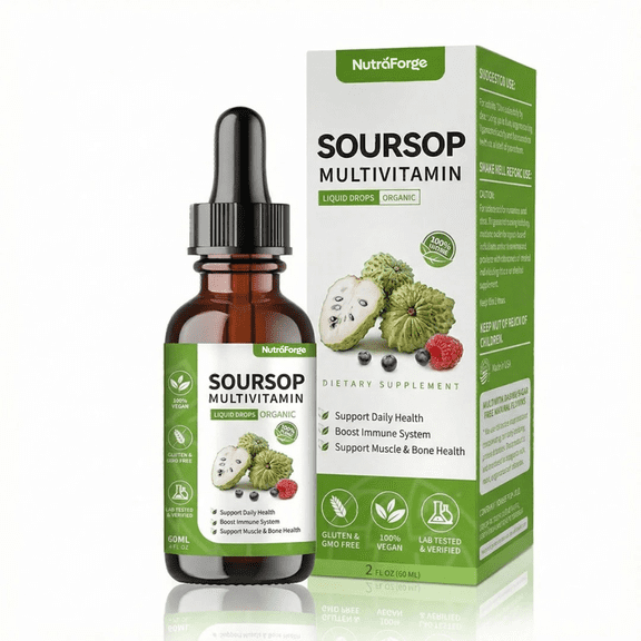 Organic Soursop Liquid Drops Multivitamin Graviola Extract with Vitamin C Immune Support, Energy, Digestion & Joint Support Fast Absorption Liquid Supplement Vegan, Non-GMO 2oz